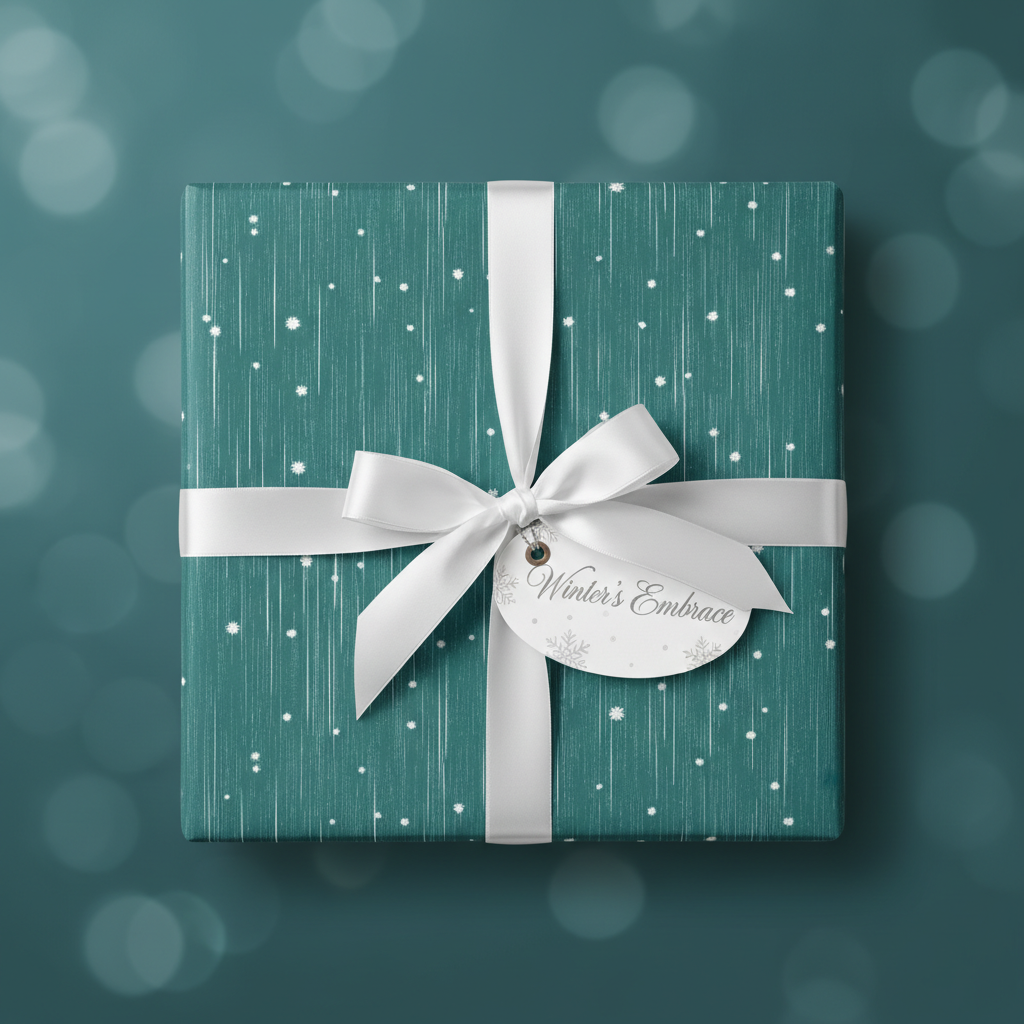 Teal Christmas gift wrap with a white snowflake pattern, tied with a white satin ribbon and a "Winter's Embrace" tag.