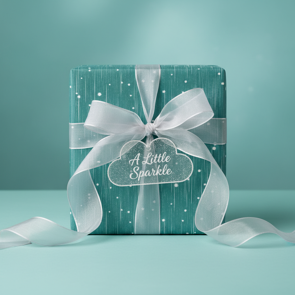 Teal gift wrap with a white starburst pattern, tied with a sheer ribbon and cloud-shaped "A Little Sparkle" tag.