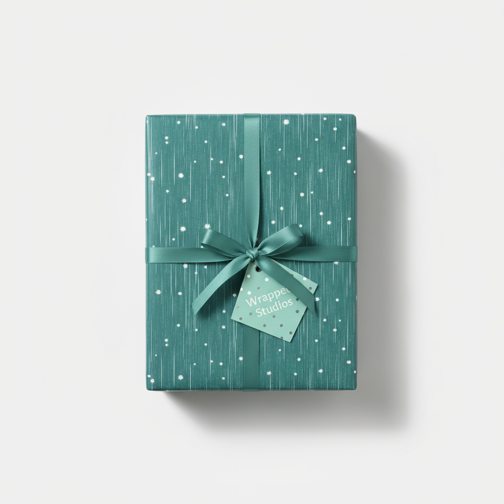 Teal gift box wrapped in modern patterned wrapping paper with ribbon and tag, for birthdays and special occasions.