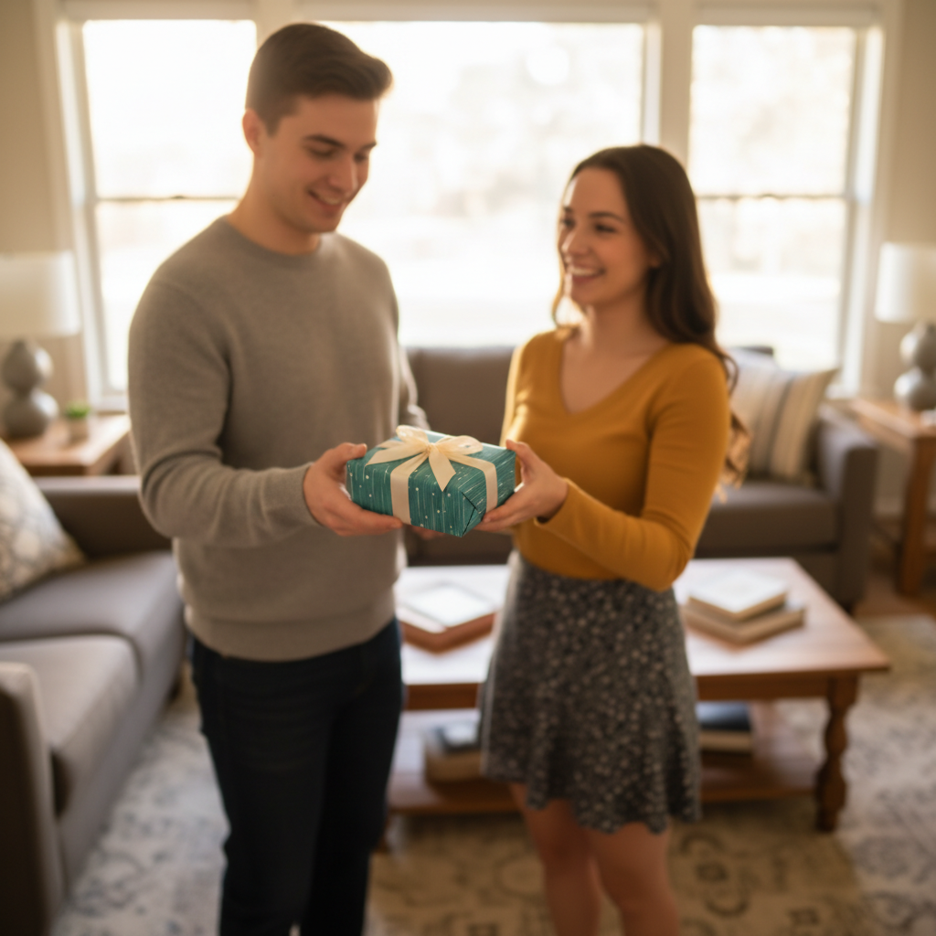 Young couple exchanging a gift wrapped in stylish teal birthday wrapping paper with a cream ribbon.