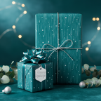 Teal Christmas gift wrap with silver ribbon, snowflake design, and "Happy Holidays" tag.