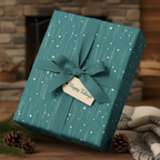 Teal Christmas gift wrap with a bow, "Happy Tidings" tag, and snow pattern for elegant holiday gift-giving.