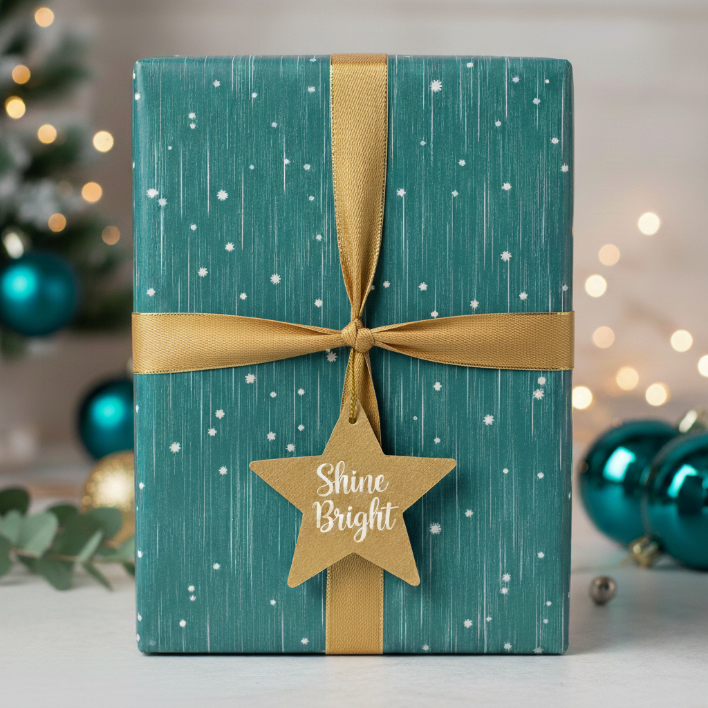 Teal Christmas gift wrap with gold ribbon and "Shine Bright" tag; festive holiday present.
