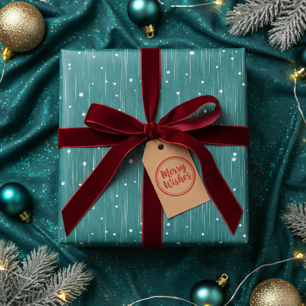 Teal Christmas gift wrap with velvet ribbon and 'Merry Wishes' tag surrounded by festive ornaments.
