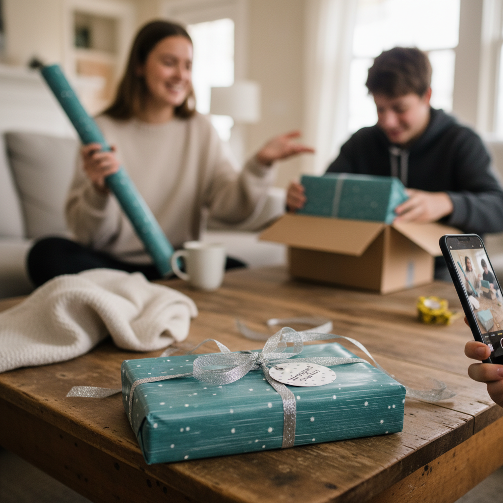 Teal gift wrapped with silver ribbon & snowy pattern; perfect for Christmas gift wrap or winter birthday wrapping paper.