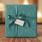 Teal gift box with floral wrapping paper, matching ribbon, and "Just For You" tag.
