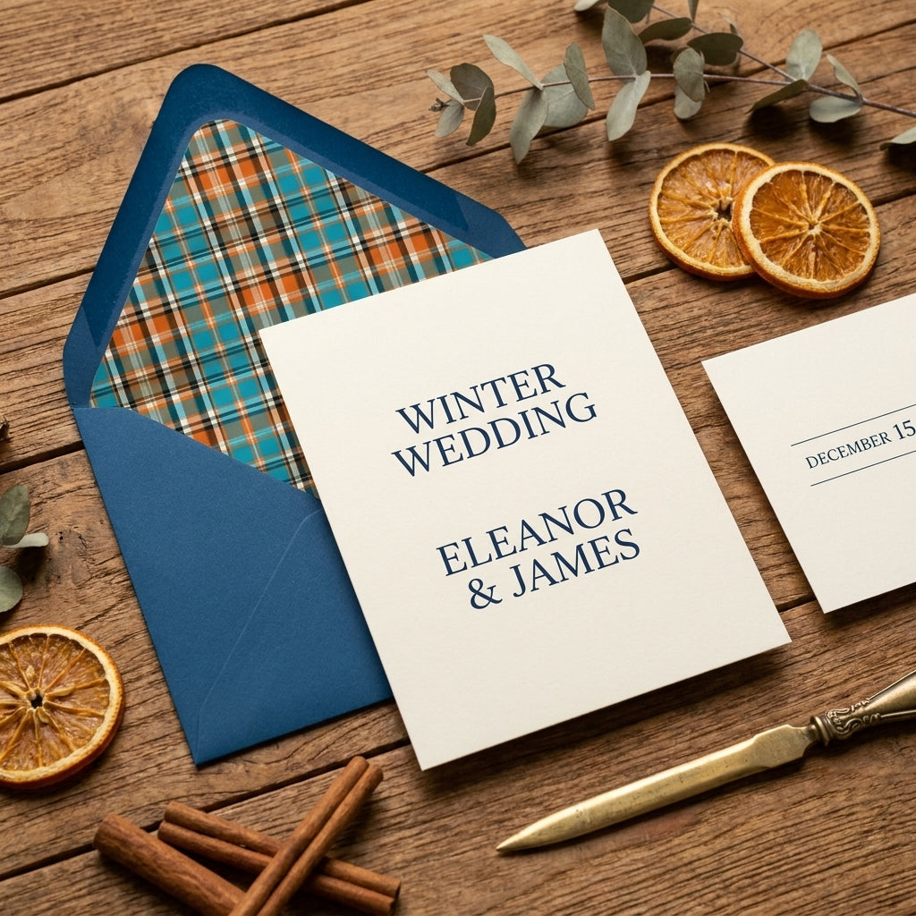 Winter wedding invitation with blue plaid envelope liner on a rustic wood table by Wrapped Studios.