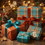 Teal and orange plaid wrapping paper with velvet ribbons for rustic autumn gift wrapping, by Wrapped Studios.