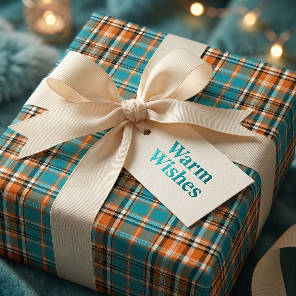 Teal and orange plaid Christmas wrapping paper with a cream bow and Warm Wishes tag by Wrapped Studios.