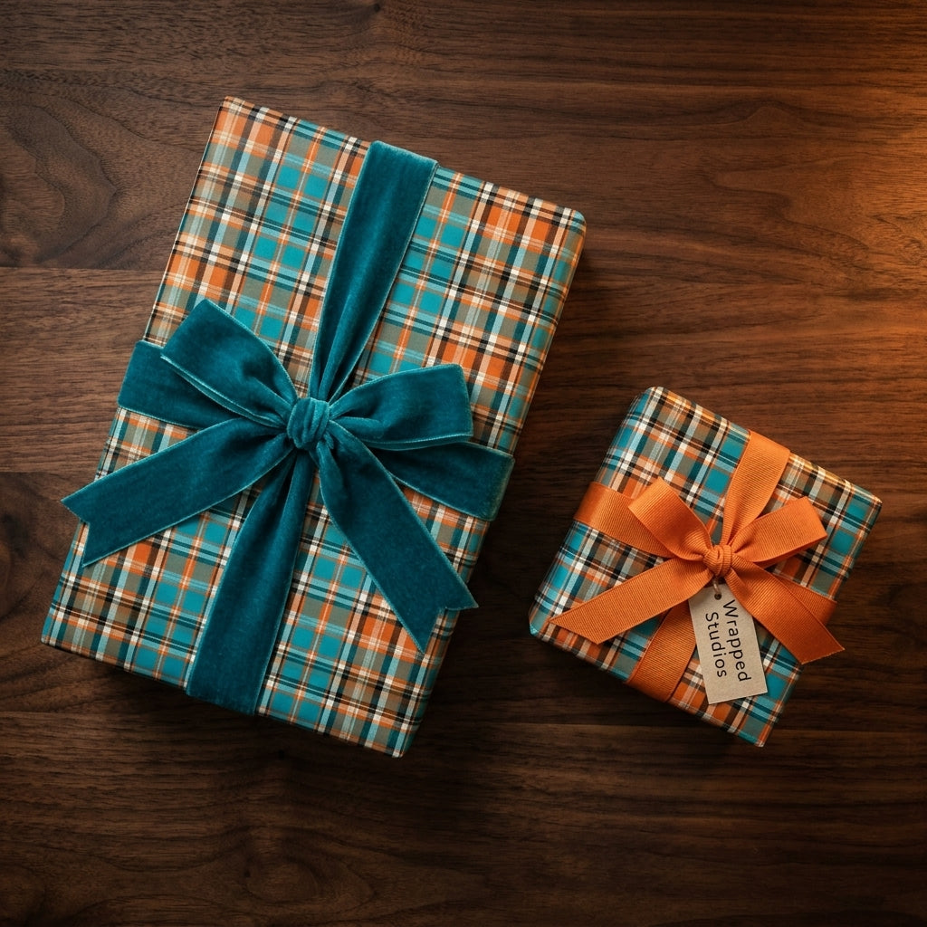 Tartan plaid wrapping paper in teal and orange with velvet ribbon by Wrapped Studios on a wood table.