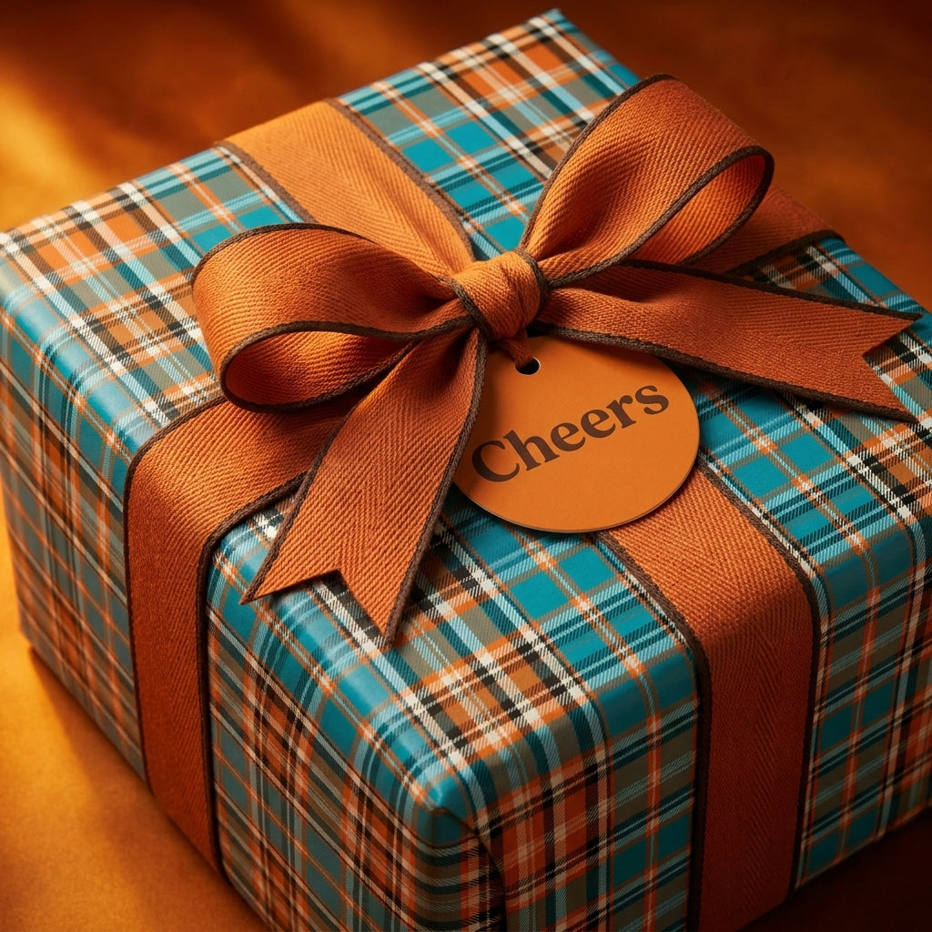 Orange and teal plaid wrapping paper with a ribbon bow and 'Cheers' gift tag by Wrapped Studios.
