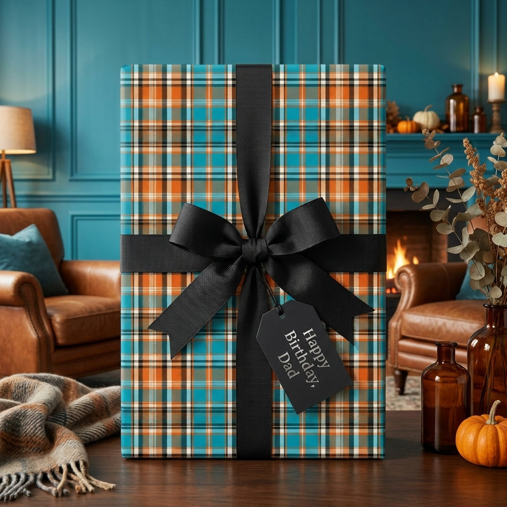 Teal and orange plaid birthday wrapping paper with a black bow for dad, by Wrapped Studios.