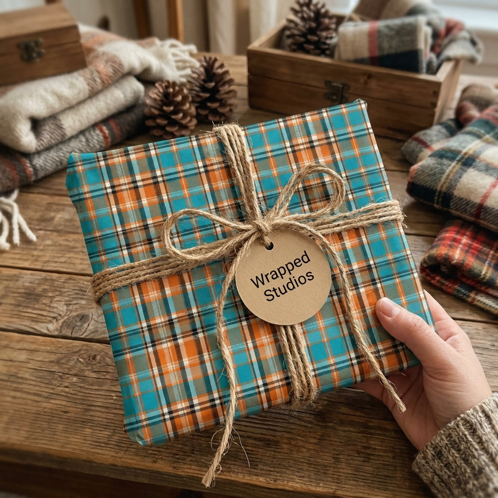 Rustic teal and orange plaid wrapping paper by Wrapped Studios, tied with twine for cozy holiday gift wrap.