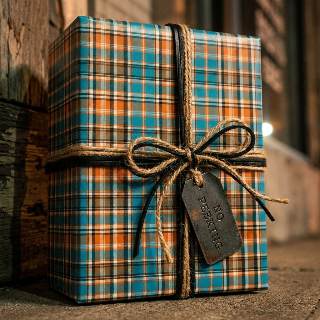 Blue and orange plaid wrapping paper with rustic twine and a 'No Peeking' tag by Wrapped Studios.