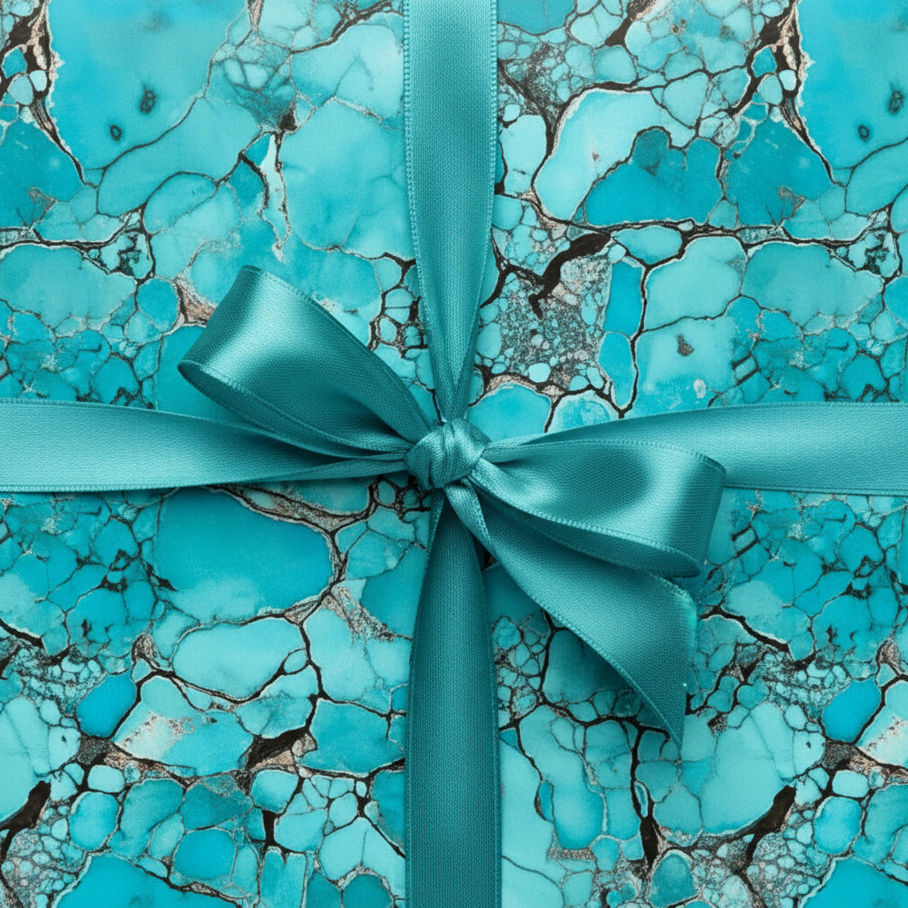 Teal stone-patterned gift box with matching ribbon, perfect luxury gift wrap for any occasion.