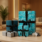 Elegant presents wrapped in blue turquoise patterned wrapping paper with black ribbons.