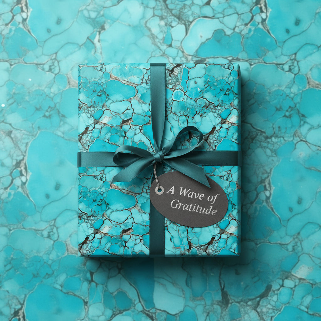 Square gift wrapped in teal stone-patterned paper with ribbon bow and gratitude tag.