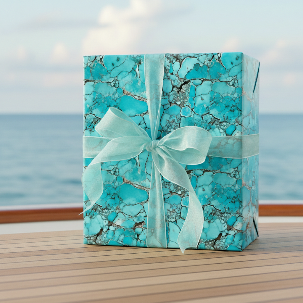 Teal marbled wrapping paper on gift box with sheer ribbon and ocean background.