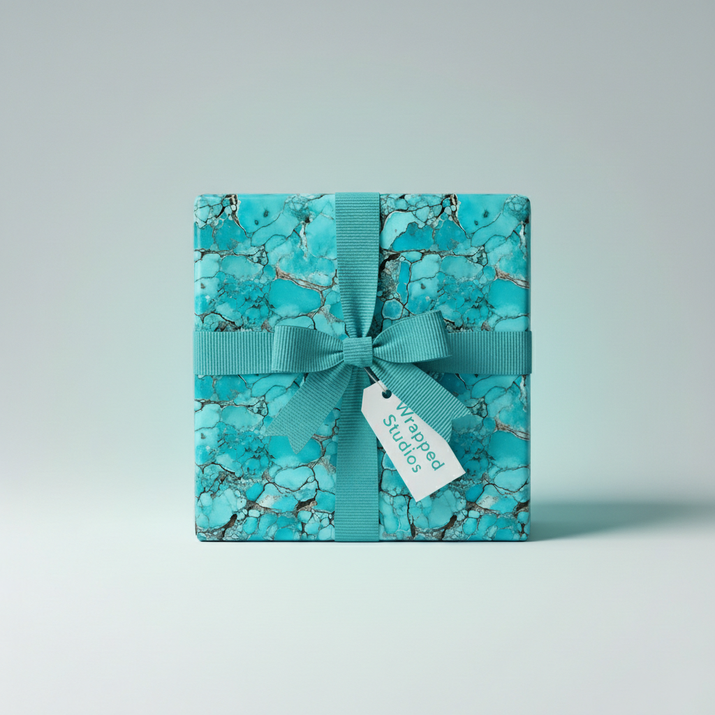 Square gift wrapped in teal turquoise stone-patterned paper with matching ribbon and "Wrapped Studios" tag.