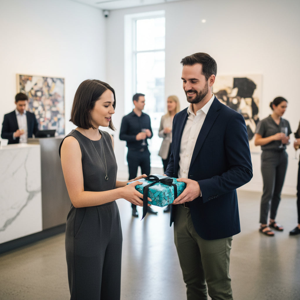 Woman presents gift wrapped in turquoise floral wrapping paper with a black ribbon.