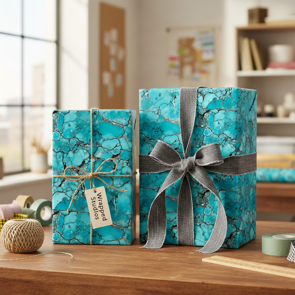 Two gifts wrapped in turquoise mineral-pattern wrapping paper with gray ribbon and twine, perfect for any occasion.