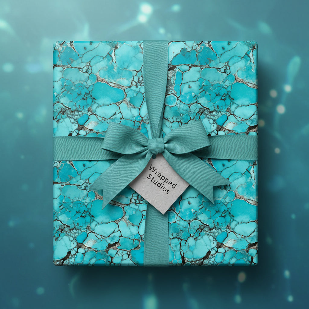 Square gift box wrapped in turquoise stone-patterned paper with matching bow.
