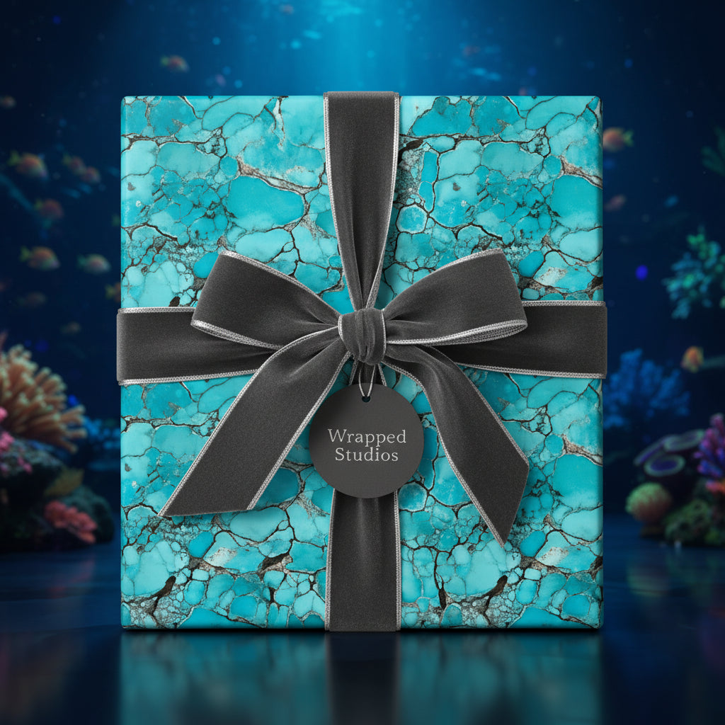 Wrapped gift with turquoise marbled gift wrap and gray velvet ribbon on a reflective surface.