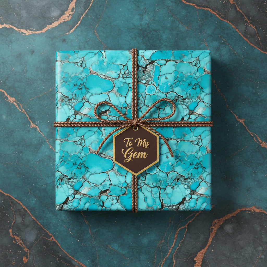 Teal gift box wrapped in luxury marble wrapping paper with twine bow and "To My Gem" tag.
