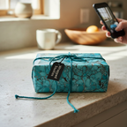 Teal marble wrapping paper with twine on a gift box; modern, luxury gift wrap for birthdays or special occasions.