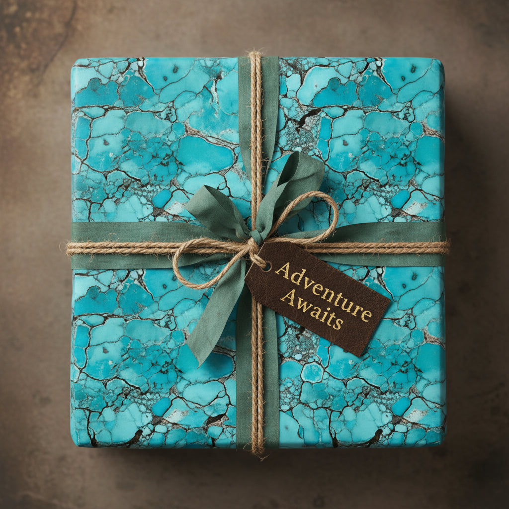 Turquoise patterned gift wrap on a square box with green ribbon and "Adventure Awaits" tag.