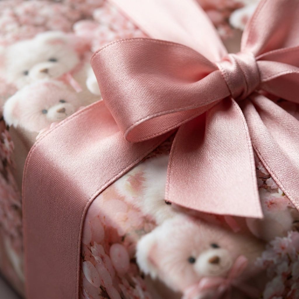 Pink teddy bear baby shower wrapping paper with a large satin ribbon bow by Wrapped Studios.