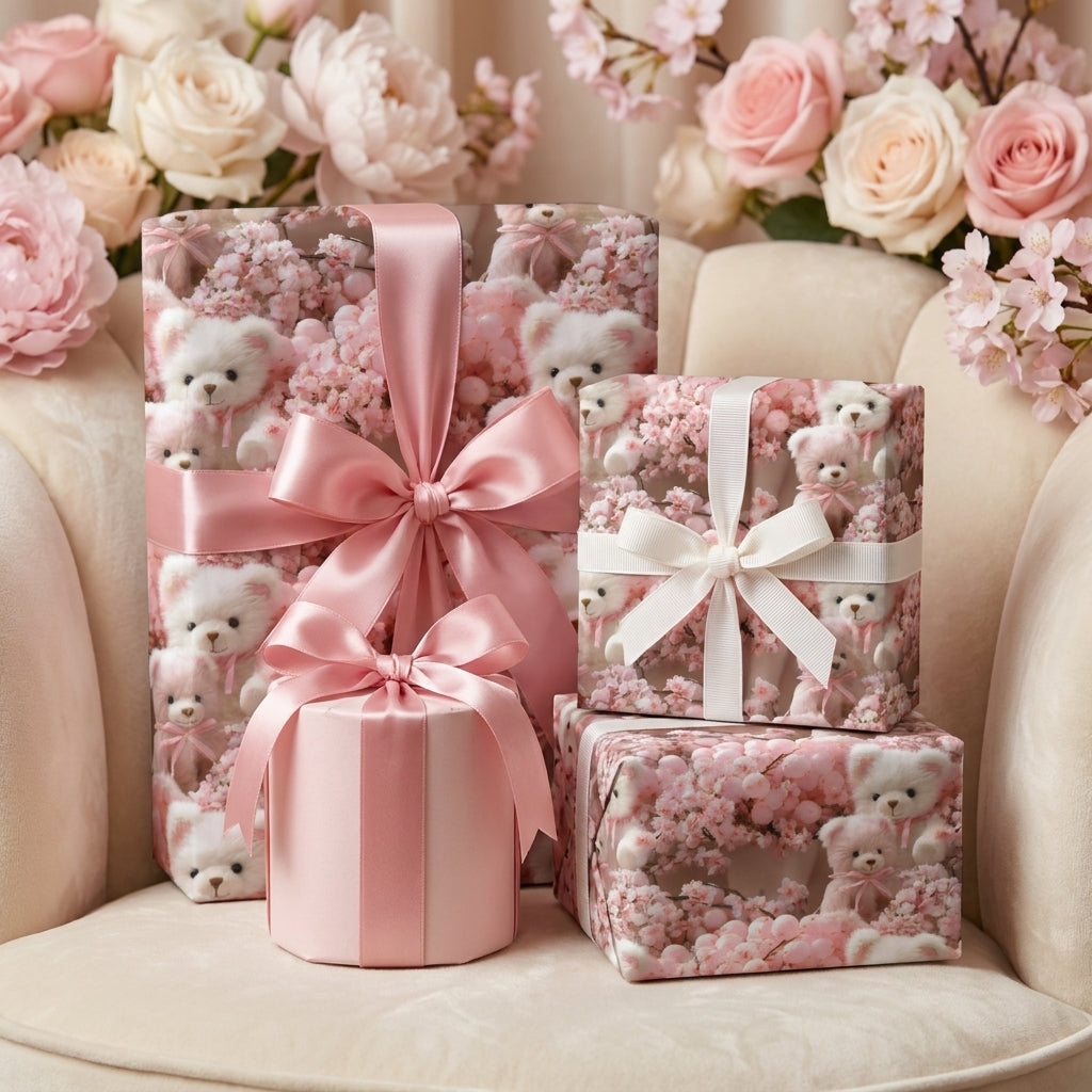 Pink teddy bear baby shower wrapping paper with cherry blossoms and satin bows by Wrapped Studios.