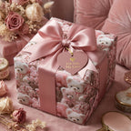 Romantic pink teddy bear wrapping paper with a satin bow and heart tag by Wrapped Studios.