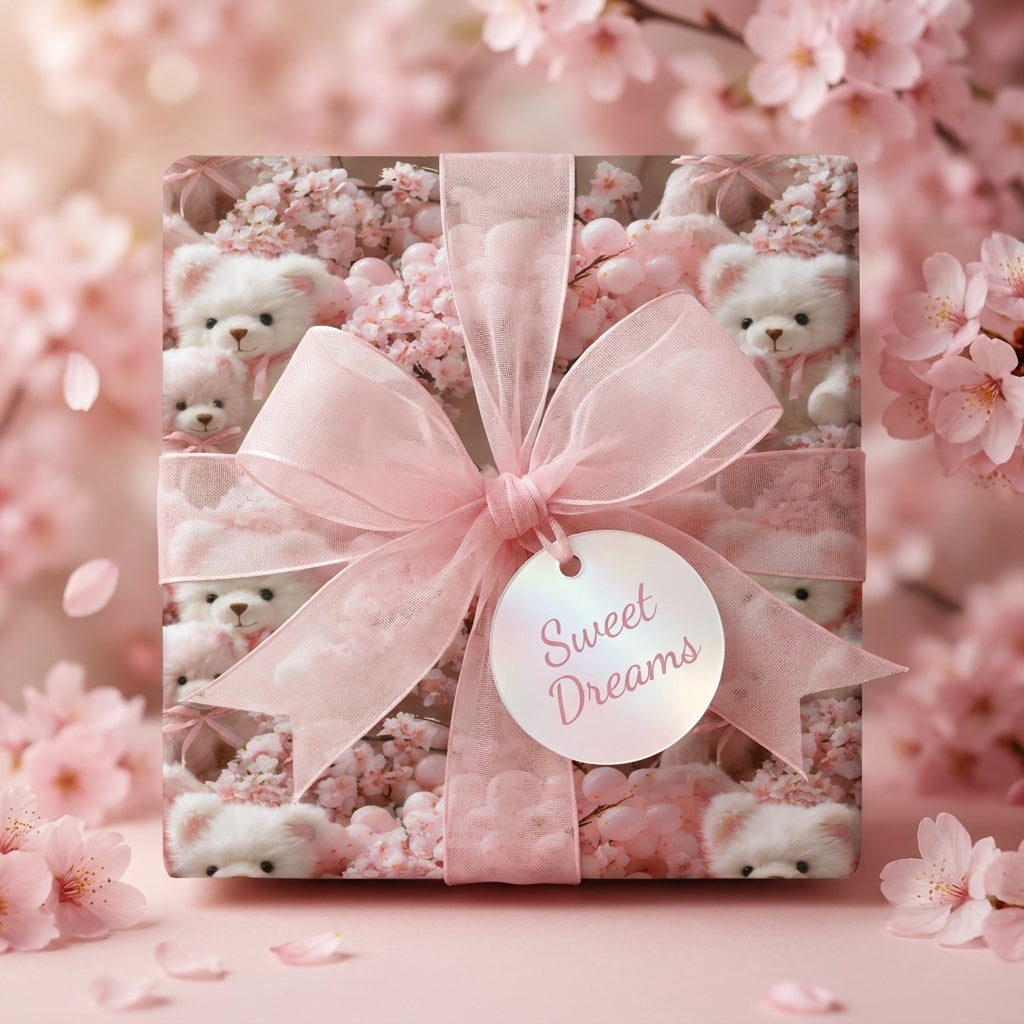 Pink teddy bear and cherry blossom baby shower wrapping paper with a sheer ribbon bow by Wrapped Studios.