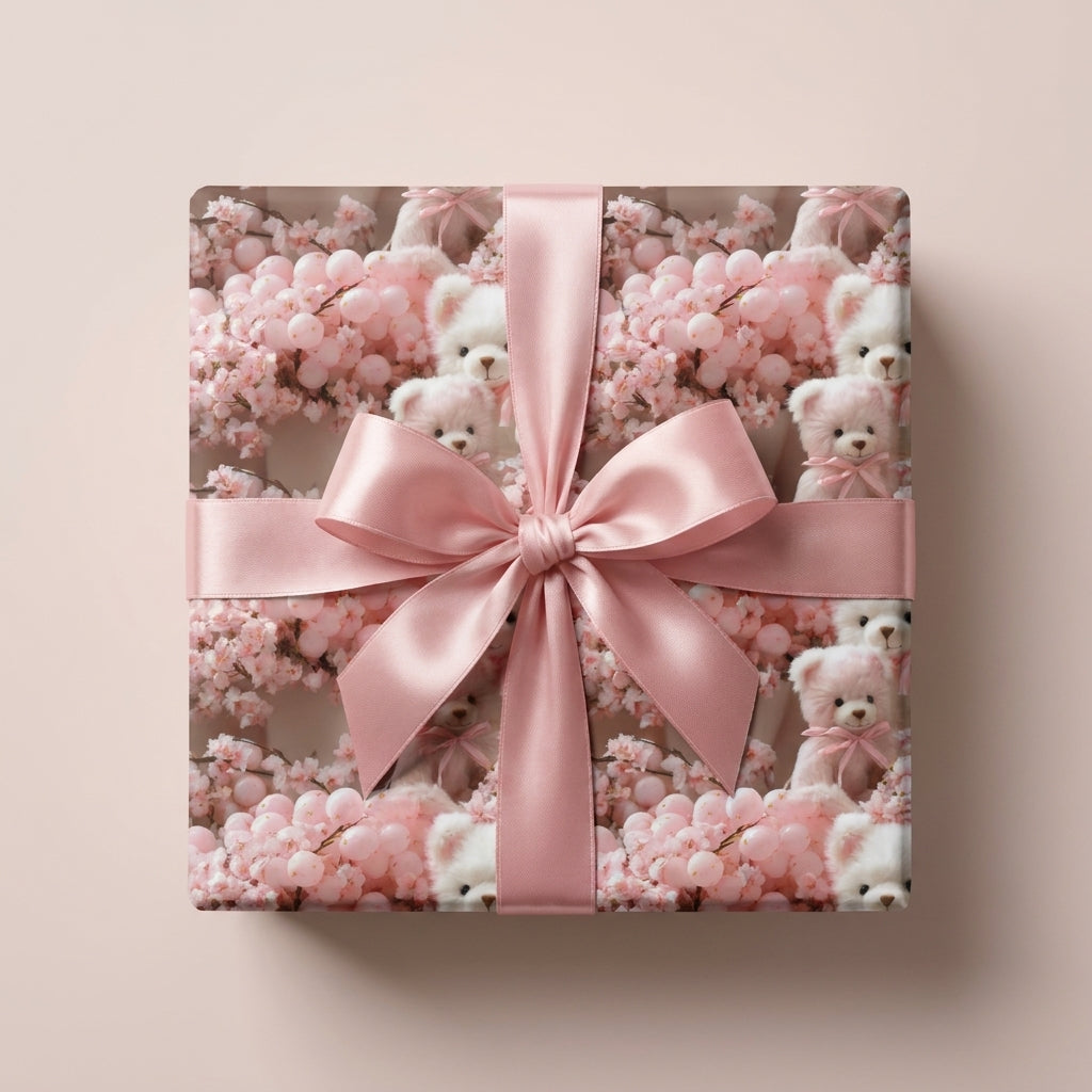 Cute pink teddy bear wrapping paper with a satin ribbon bow for baby showers, by Wrapped Studios.