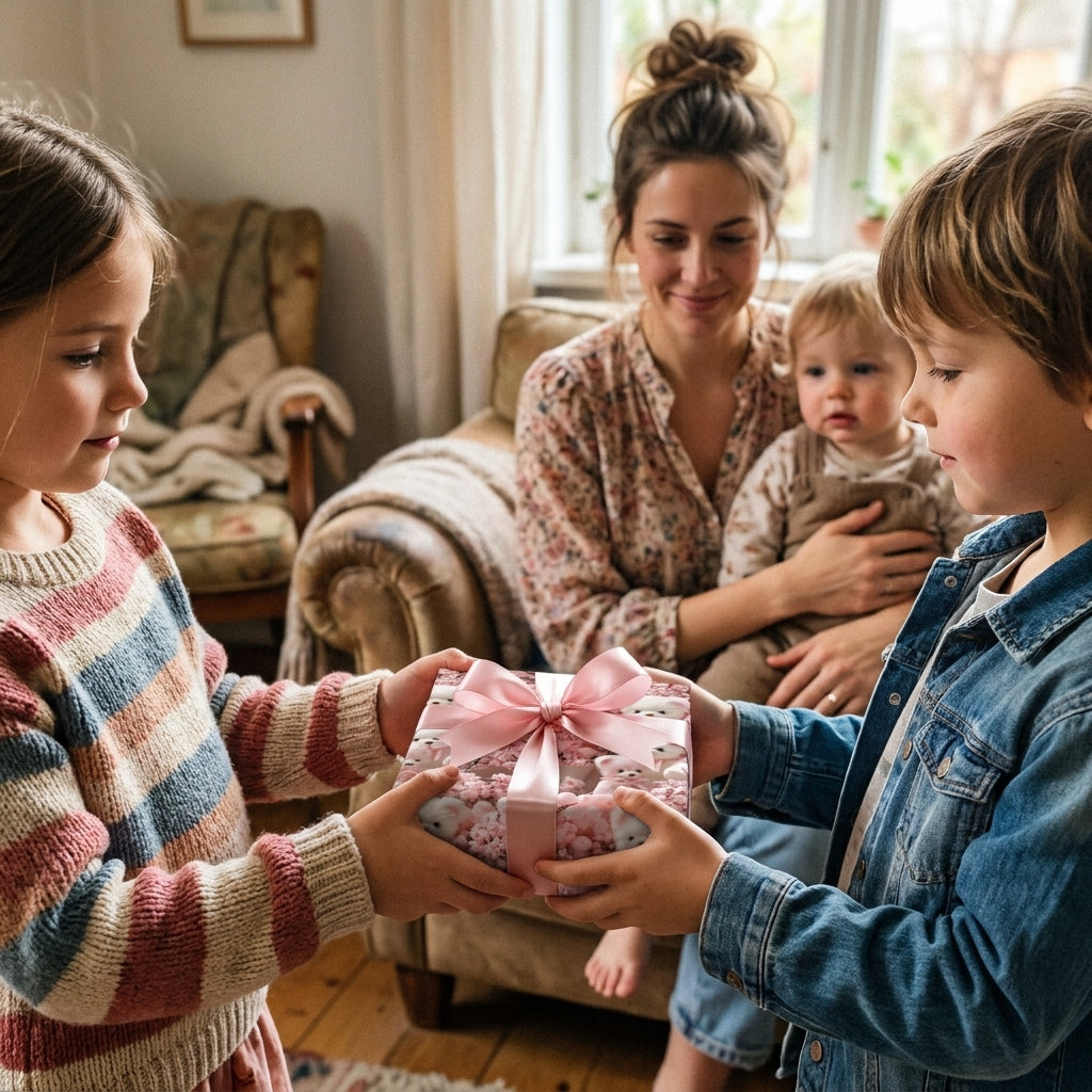 Kids holding a gift in pink teddy bear wrapping paper with a satin bow. Baby gift wrap by Wrapped Studios.
