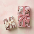 Cute pink teddy bear wrapping paper with cherry blossoms and velvet bow by Wrapped Studios.