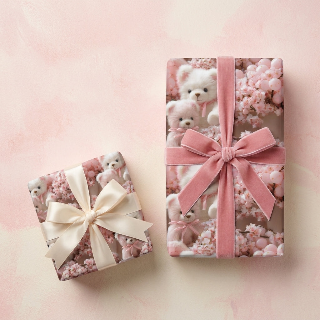 Cute pink teddy bear wrapping paper with cherry blossoms and velvet bow by Wrapped Studios.