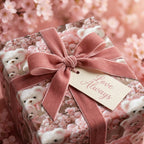 Luxury pink teddy bear wrapping paper with velvet bow and gift tag, by Wrapped Studios.