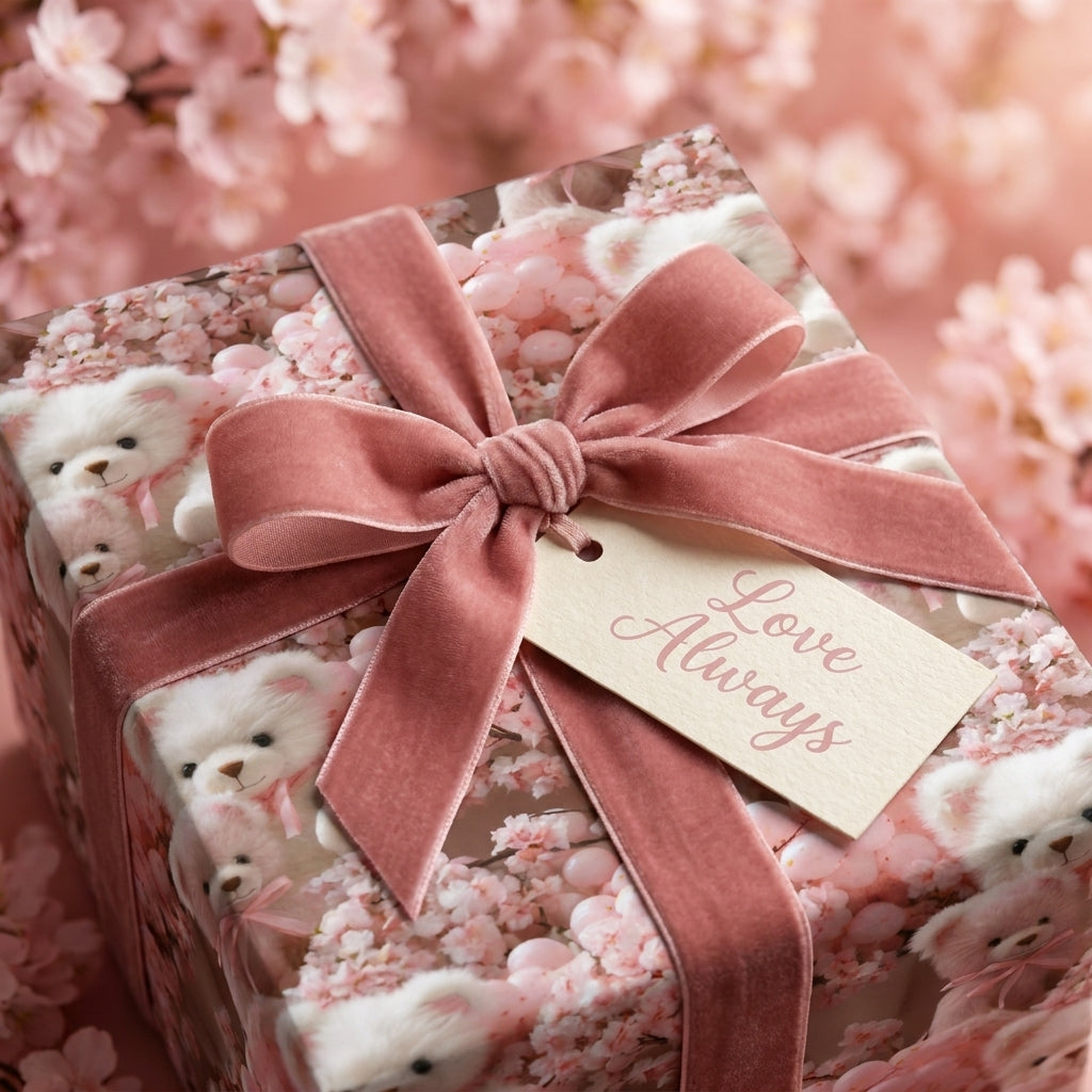 Luxury pink teddy bear wrapping paper with velvet bow and gift tag, by Wrapped Studios.