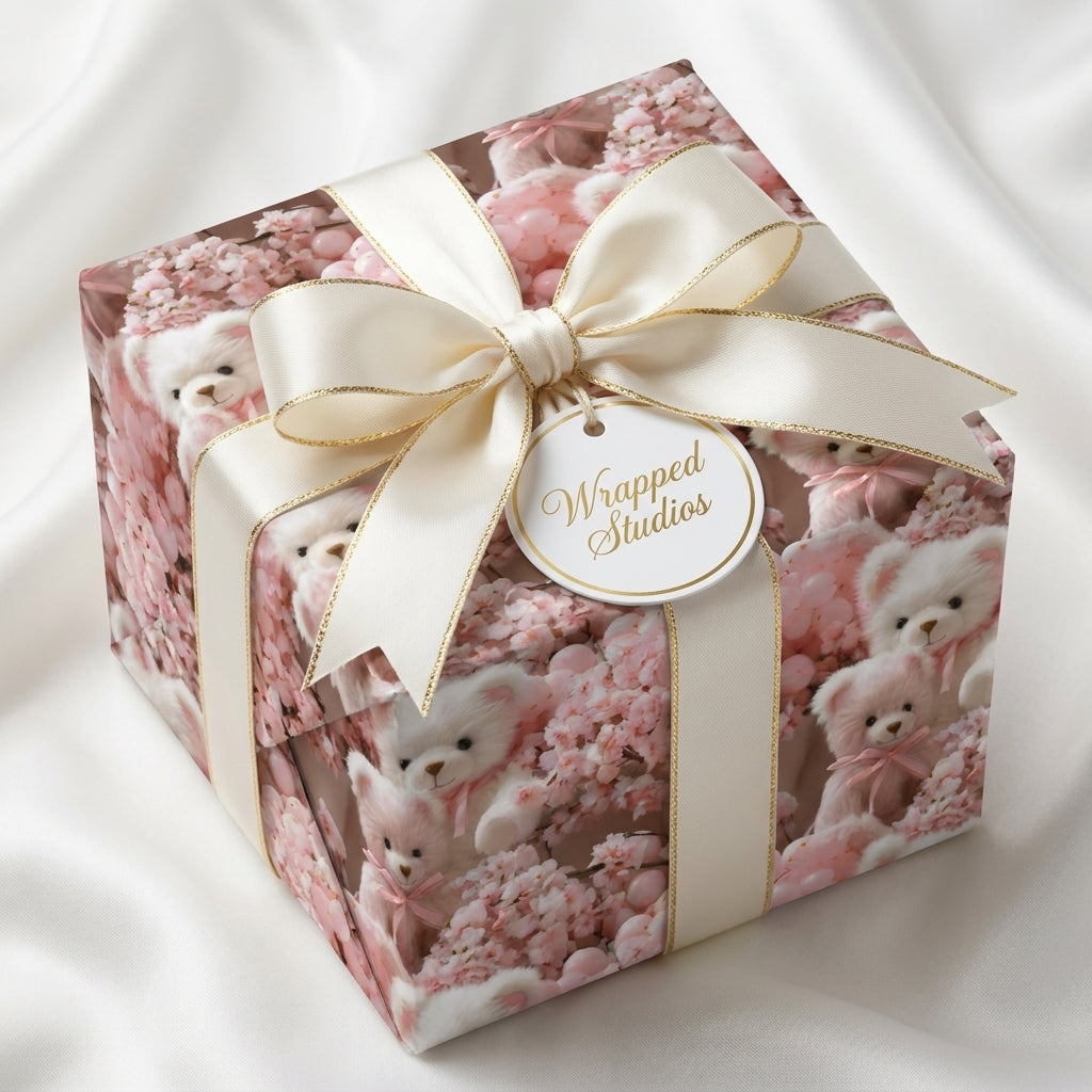 Teddy bear baby shower wrapping paper with pink floral pattern and cream bow by Wrapped Studios.