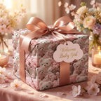 Pink teddy bear baby shower wrapping paper with a rose gold satin bow, by Wrapped Studios.