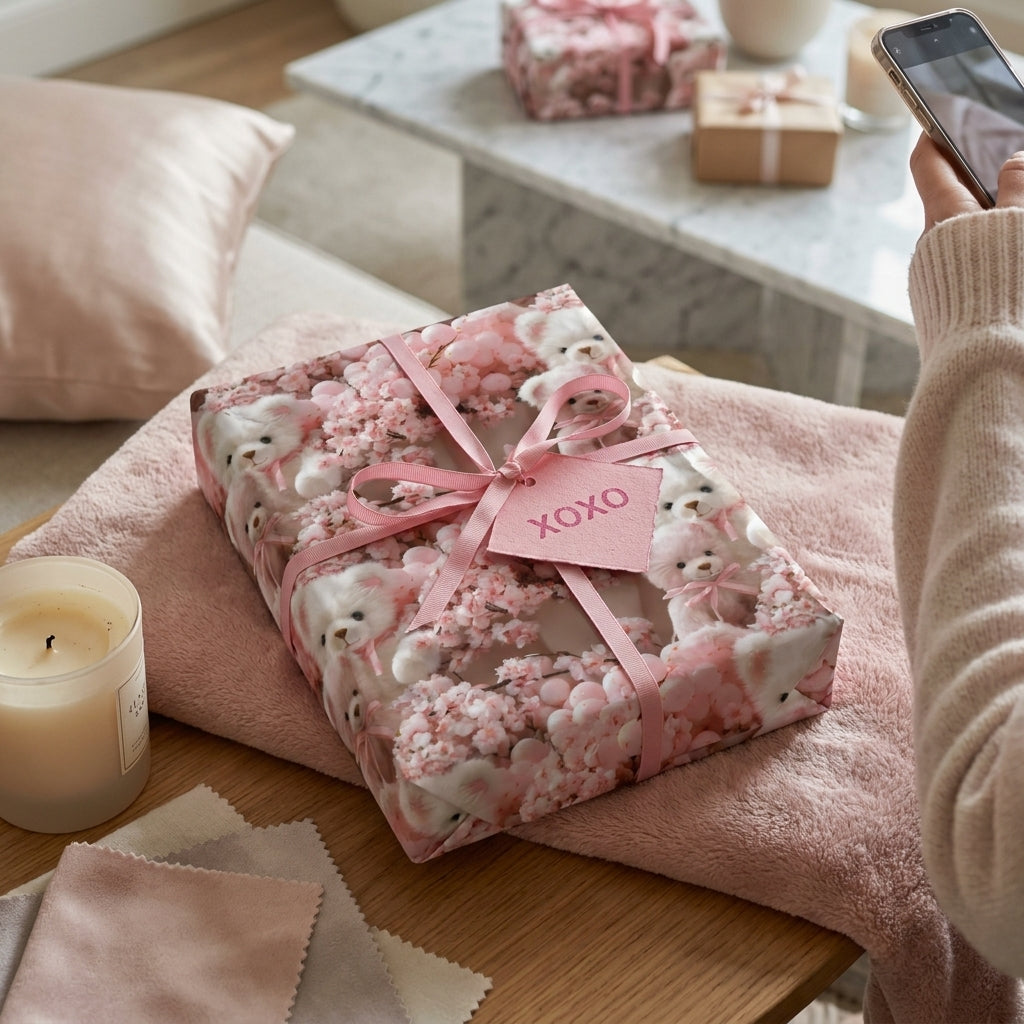 Pink teddy bear wrapping paper on a gift box with a pink bow and XOXO tag by Wrapped Studios.