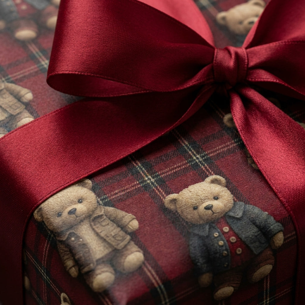 Plaid teddy bear Christmas wrapping paper with a red satin bow by Wrapped Studios.