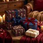 Cozy teddy bear plaid Christmas wrapping paper on festive holiday gift boxes, by Wrapped Studios.