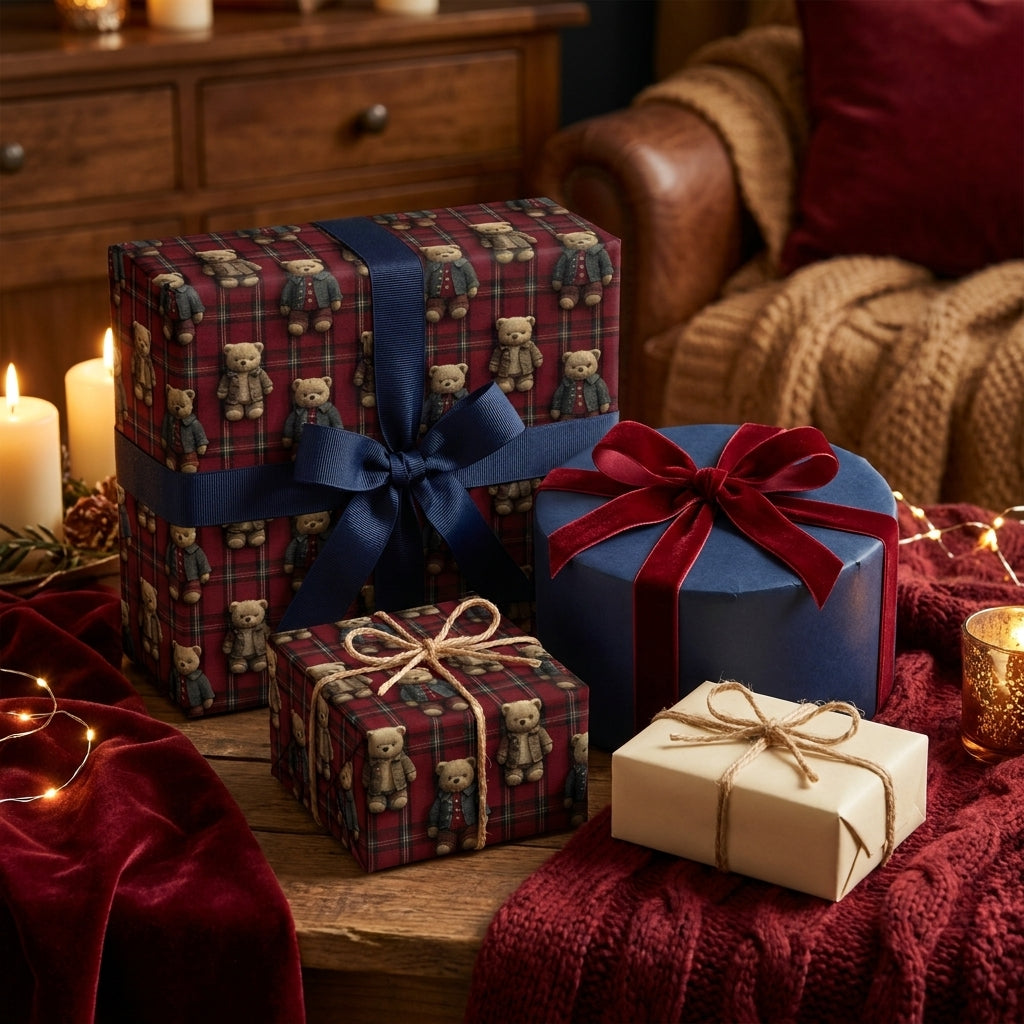 Cozy teddy bear plaid Christmas wrapping paper on festive holiday gift boxes, by Wrapped Studios.