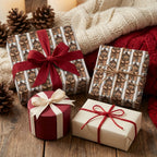 Teddy bear Christmas wrapping paper with red bows on cozy holiday gifts by Wrapped Studios.