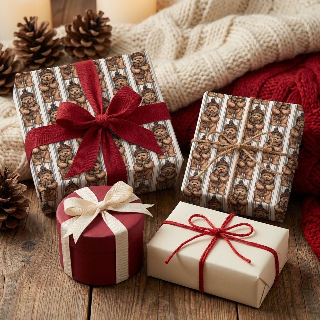 Teddy bear Christmas wrapping paper with red bows on cozy holiday gifts by Wrapped Studios.