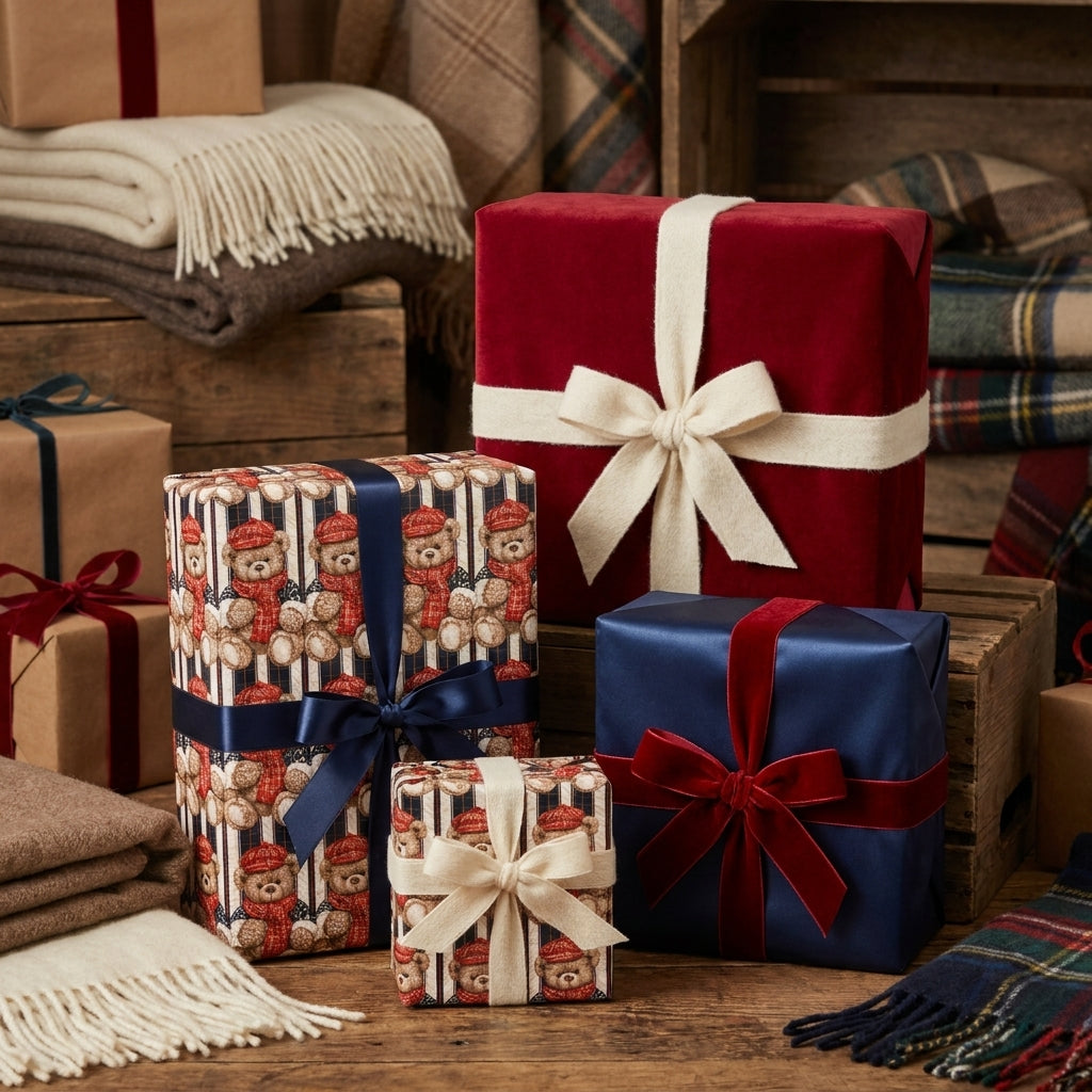 Vintage teddy bear Christmas wrapping paper on luxury gift boxes with velvet ribbons by Wrapped Studios.
