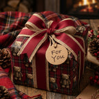 Vintage teddy bear plaid Christmas wrapping paper on a gift box with a rustic bow by Wrapped Studios.